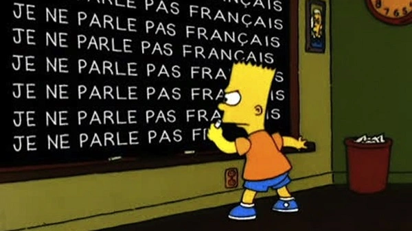 First French Lesson for Beginners: Bart Simpson writes on the blackboard: Je ne parle pas français.