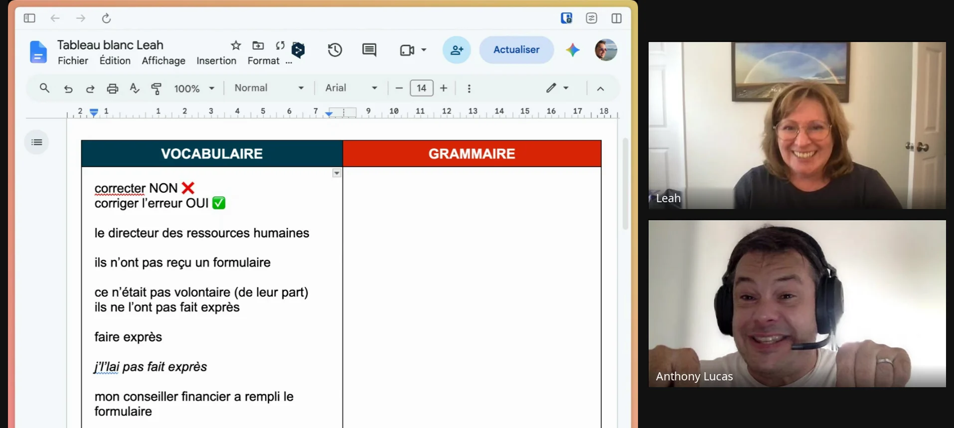 A French lesson on Google Meet: the shared whiteboard with the vocabulary of the lesson, the student and Anthony