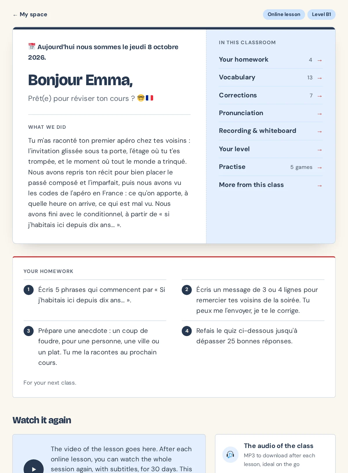 The Smart Classroom of a sample student, Emma: the summary of the lesson, the list of everything in the page, and the homework