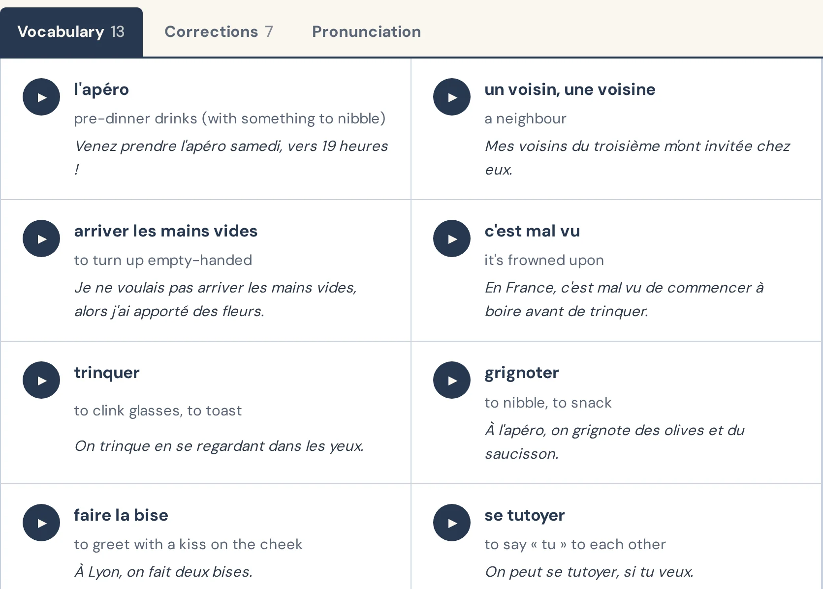 The vocabulary tab of a Smart Classroom: each new word with an audio button, its translation and an example sentence